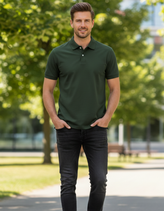 Man wearing a green polo shirt and black jeans standing outdoors with trees in the background