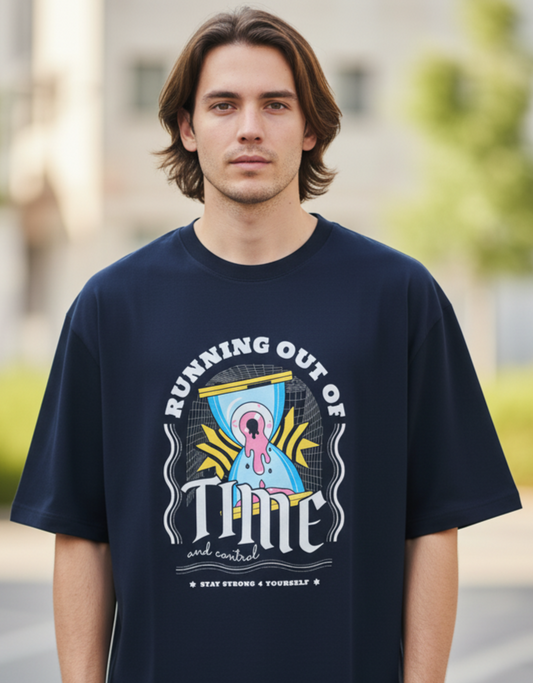 Person wearing a navy blue t-shirt with a graphic design and text.