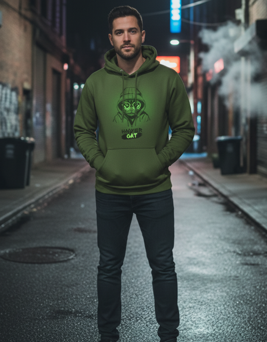 Man wearing a green hoodie with a graphic design on a city street at night.