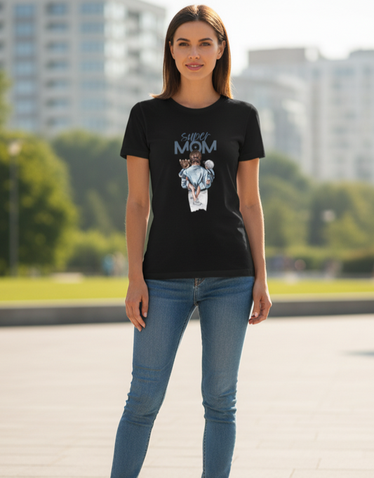 Woman wearing a black t-shirt with a graphic design outdoors