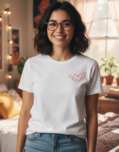 Woman wearing a white t-shirt with a design in a bedroom