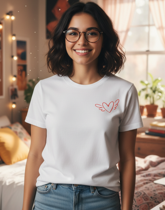 Woman wearing a white t-shirt with a design in a bedroom