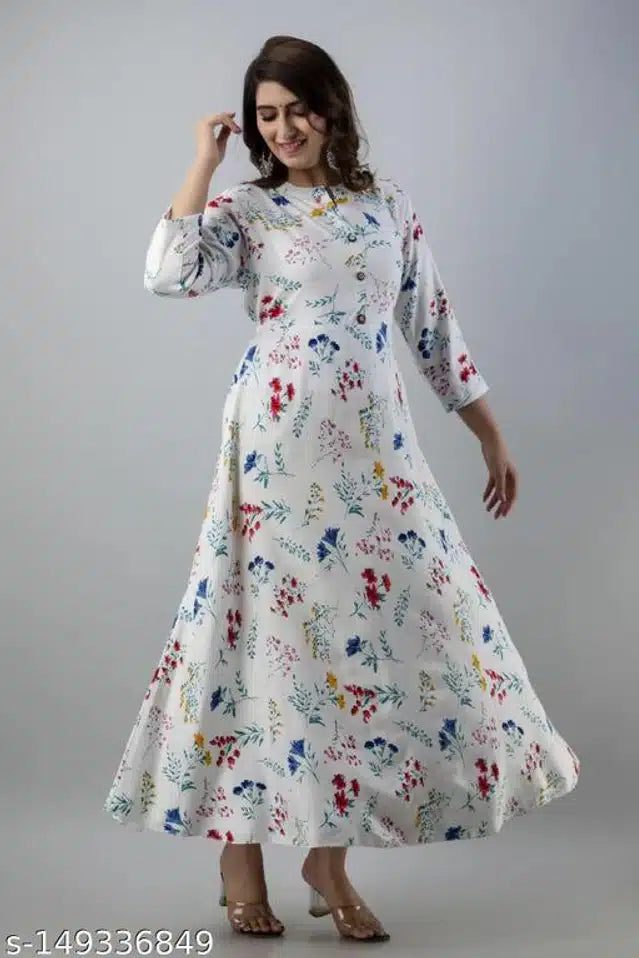 Anarkali Rayon Printed Kurti for Women (White & Blue)