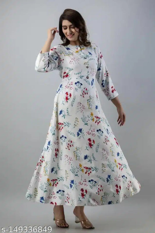 Anarkali Rayon Printed Kurti for Women (White & Blue)