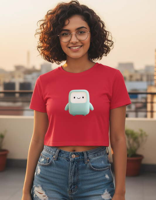Woman wearing a red t-shirt with a graphic design on a rooftop with cityscape background