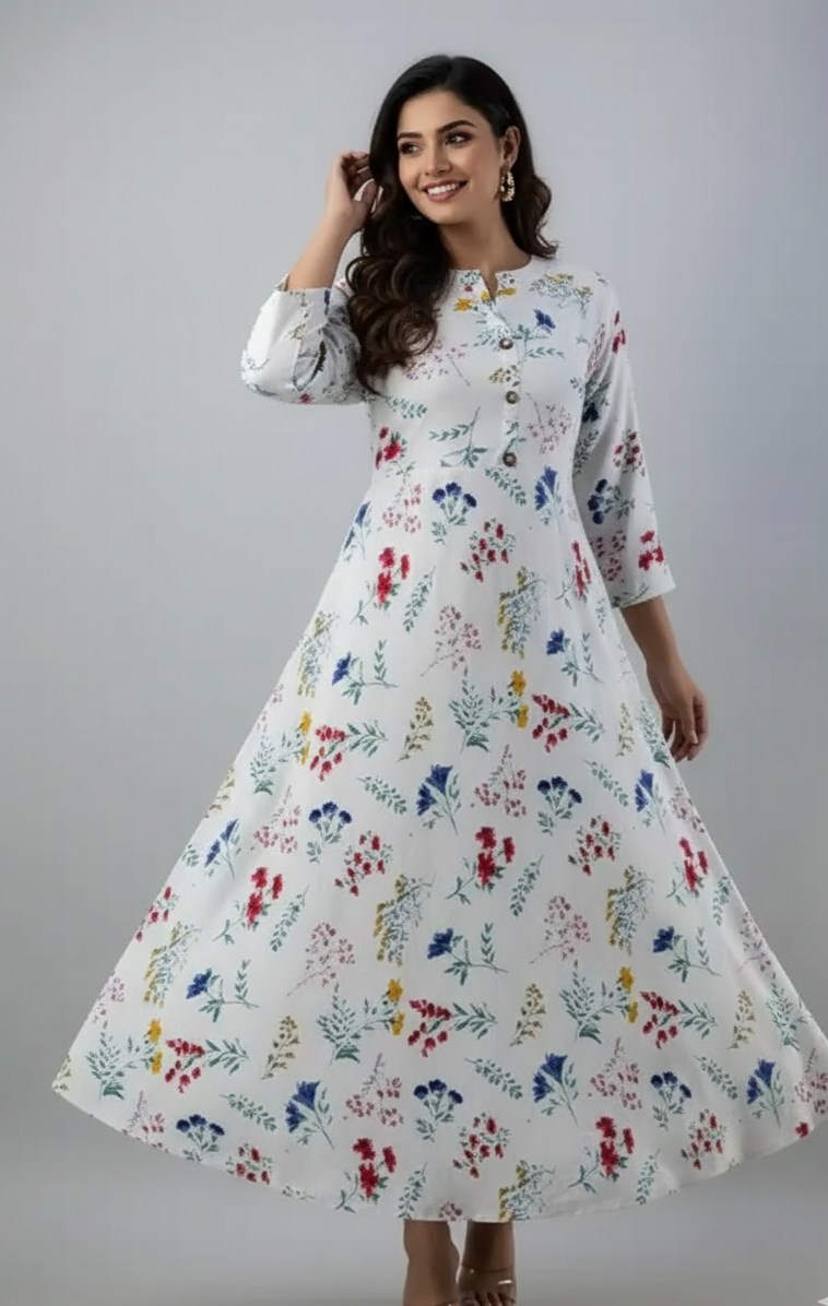 Woman wearing a floral dress on a gray background