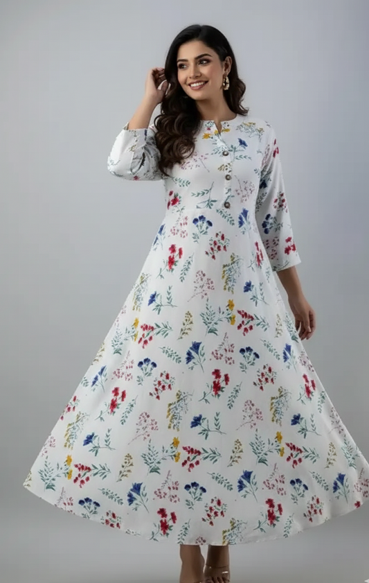 Woman wearing a floral dress on a gray background